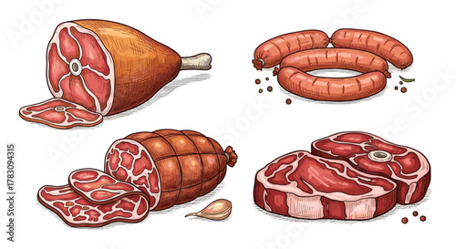 Assortment of various fresh and processed meat products, including ham, sausages, salami, and steaks, depicted in a detailed illustration.