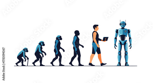 A conceptual illustration depicting the evolution of life from an ape to a human using technology, culminating in an advanced robot.