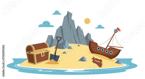 A treasure island scene with a broken shipwreck, an open chest filled with gold coins, and a shovel on the sandy beach.