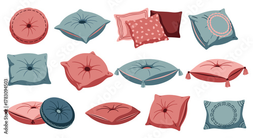 An array of stylish and soft decorative throw pillows, featuring tufted, tasseled, and patterned designs in beautiful blue and pink hues, ideal for home decor.