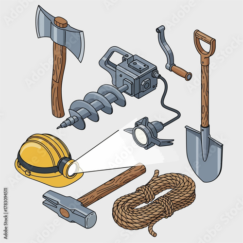 Mining Tools and Safety Equipment Illustration.