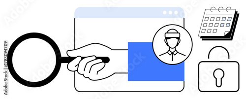 Magnifying glass analyzing a profile, browser interface, calendar, and padlock. Ideal for cybersecurity, authentication, time management, access control, privacy online profiles simple flat