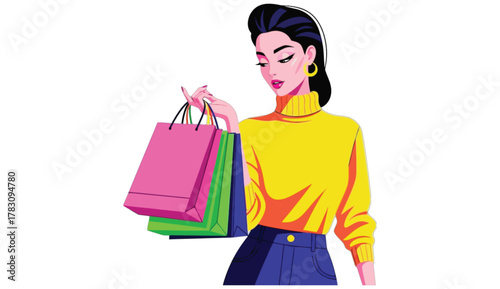 Flat graphic illustration of a stylish woman with smooth skin and dark hair holding a vibrant shopping bag, bold lines, minimal shading, on a clean white background.
