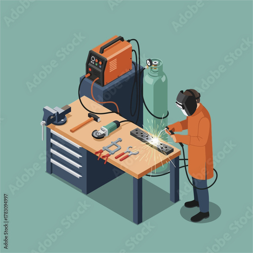 Welder working on metal project with tools and equipment.