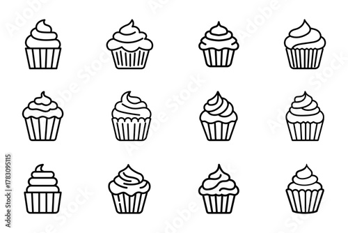Cupcake icon set on transparent background. Symbol of dessert. Cup cake outline editable vector stock