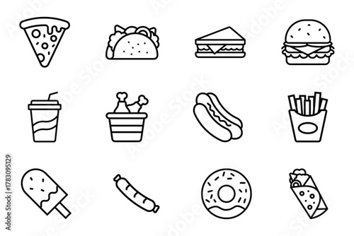 Fast food icon set on transparent background. Symbol of burger, tacos, sandwich, hot dog, donut, fried chicken, french fries, sausage, ice cream, soft drink.  Junk food outline editable vector stock