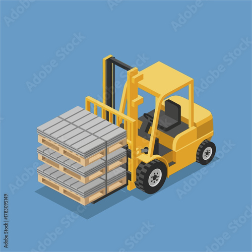 Yellow forklift carrying stacked pallets ready for transport and delivery.