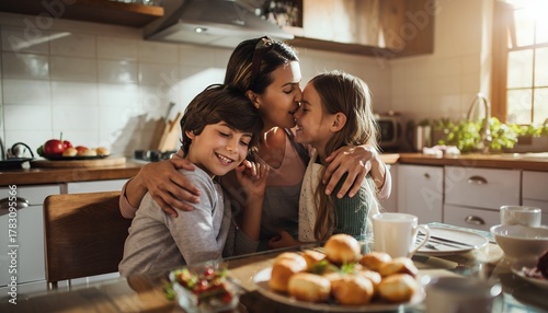 Warm Family Mother with Two Children Hugging in Bright Kitchen During Breakfast
