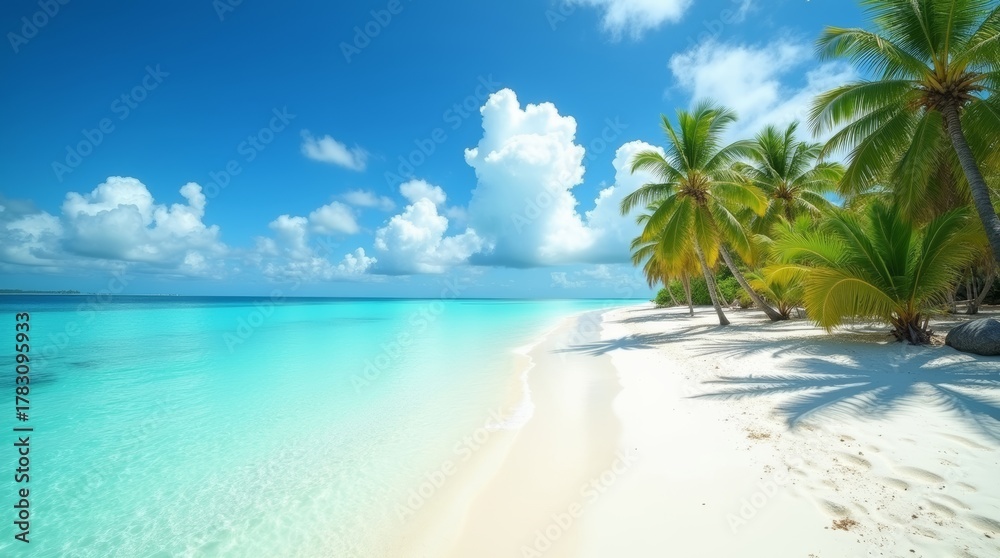 Fototapeta premium Idyllic tropical beach with white sand, turquoise water, and palm trees under blue sky
