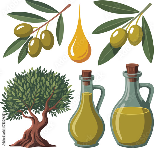 Colorful Olive and Olive Oil Vector Icon Collection