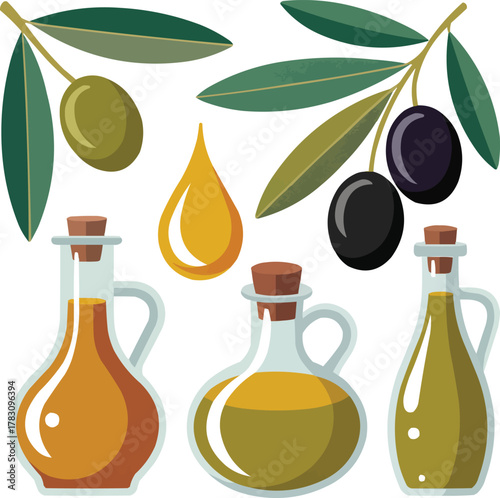 Colorful Olive and Olive Oil Vector Icon Collection