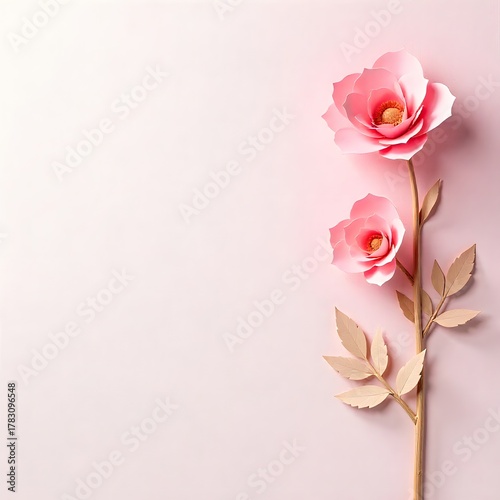 Pink rose on wooden and old paper background with petals and leaves