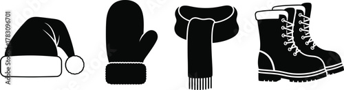 Stylish winter accessories like a Santa hat, warm mittens, cozy scarf, and rugged boots for festive holiday themes