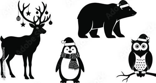 Charming holiday creatures reindeer penguin bear owl celebrate festive winter season with joy