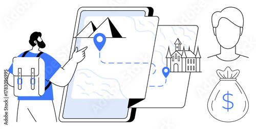 Man with backpack examines a location map featuring landmarks, route points, and travel options. Ideal for trip planning, tourism, exploration, navigation, budget travel, adventure and strategy