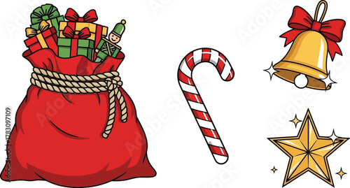 Festive Christmas symbols including Santa's gift bag, candy cane, jingle bell, and sparkling star