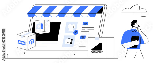 E-commerce scene featuring a laptop with storefront awning, product displays, delivery box, thoughtful customer holding a tablet. Ideal for retail, shopping, delivery, business, sales startups