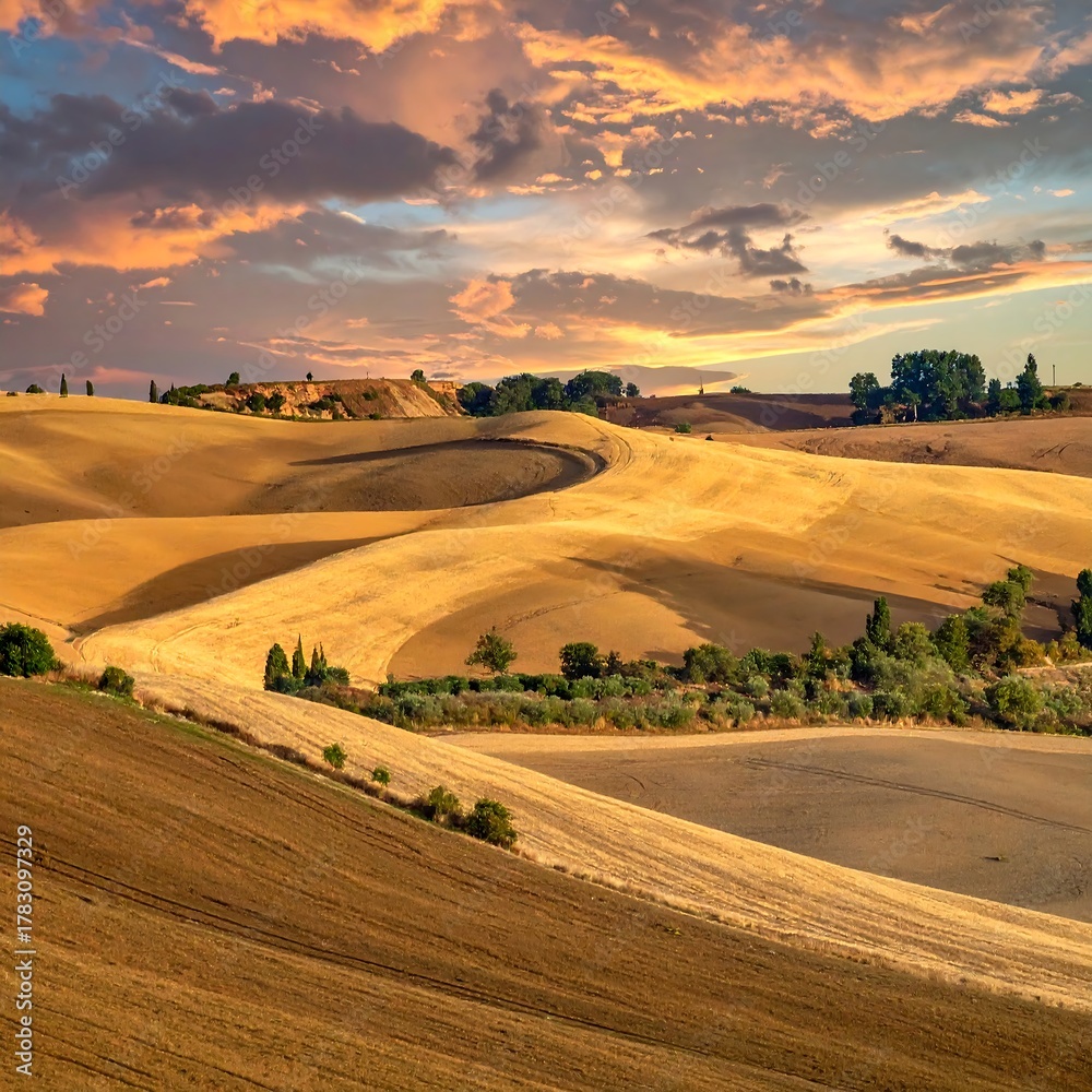 Obraz premium Golden Fields at Sunset - A Serene Landscape of Tuscany, Italy.