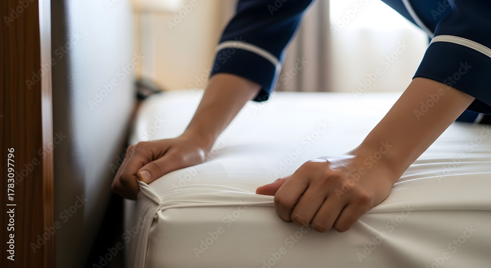 Fototapeta premium Professional hotel service: Housekeeper's hands arranging crisp, white bedding, ensuring a clean and tidy room.