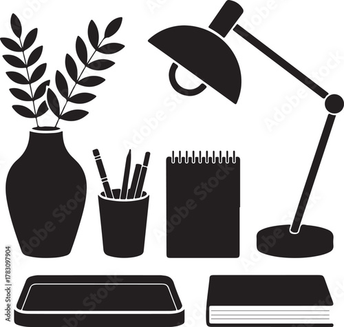 Chic Desk Accessories Silhouette Vase Lamp Pen Holder Notebook Tray Icon Set
