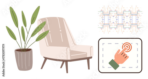 Armchair with potted plant, touch control panel, and circuit schematic for smart home technologies. Ideal for technology, innovation, automation, modern living, interior design, eco-friendly