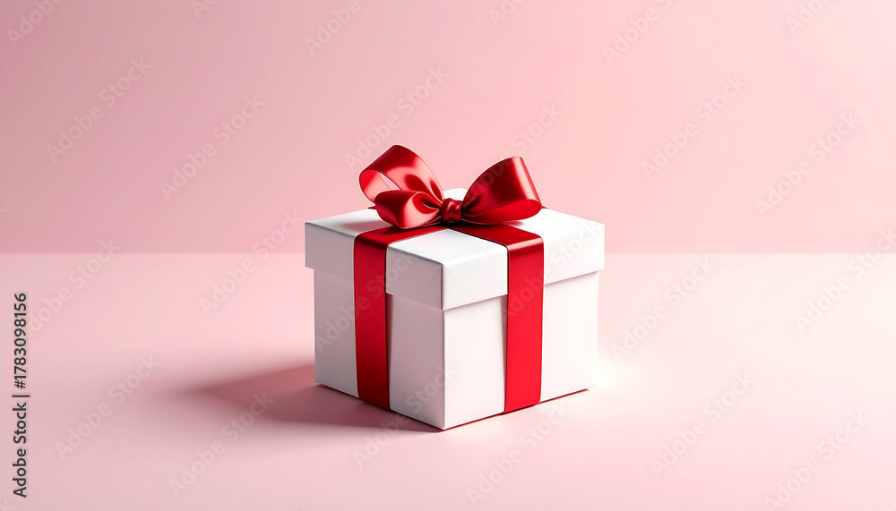 Fototapeta premium A white gift box with a red ribbon and bow on a pink background, studio shot.