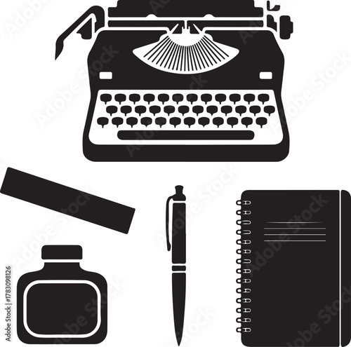 Classic Office Items Silhouette Typewriter Ink Bottle Ruler Pen Notebook Icon Set