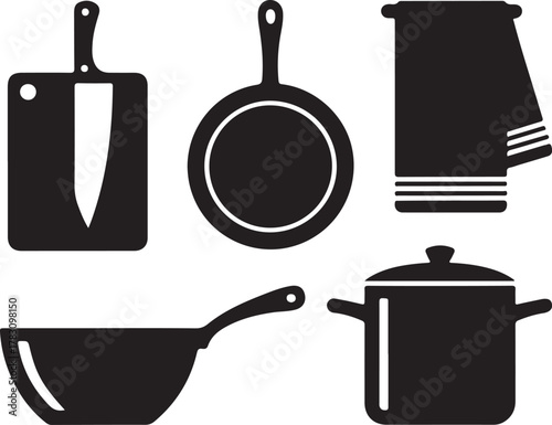 Classic Chef Essentials Silhouette Knife Board Pan Pot Towel Kitchen Icon Set