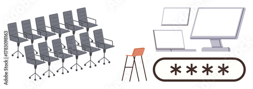 Rows of office chairs, single stool, computer screens, and password field highlighting security, teamwork, and workspace productivity. Ideal for office, cybersecurity, collaboration management