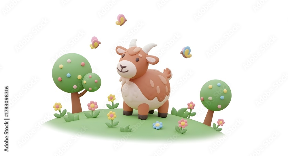 Fototapeta premium A cute claymation-style brown goat with horns and a beard stands on a green hill surrounded by colorful trees, flowers, and flying butterflies.