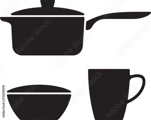 Clean Minimal Kitchen Silhouette Pot Pan Cup Dish Cooking Icon Set