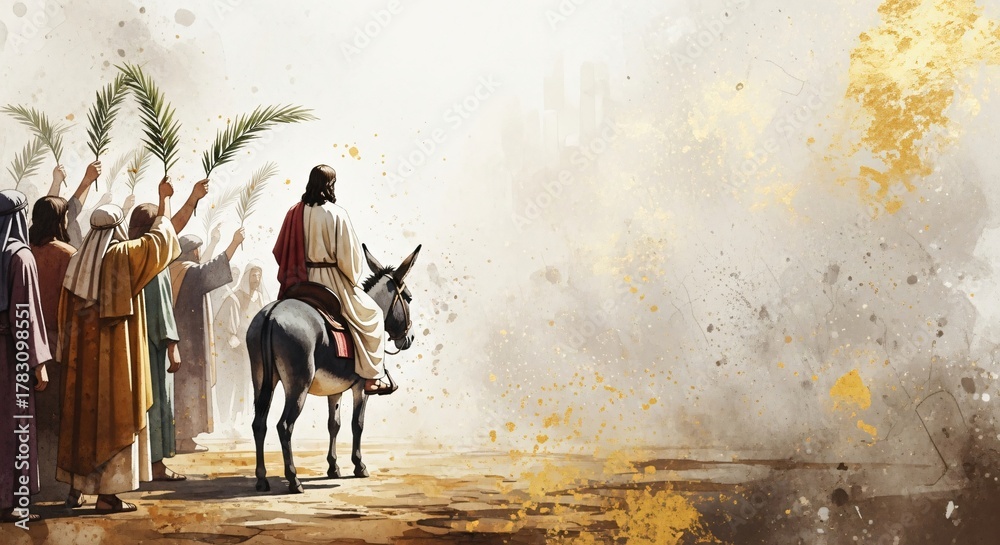 Fototapeta premium Jesus Triumphal Entry into Jerusalem Biblical Art Palm Sunday Christian Faith Hope Illustration