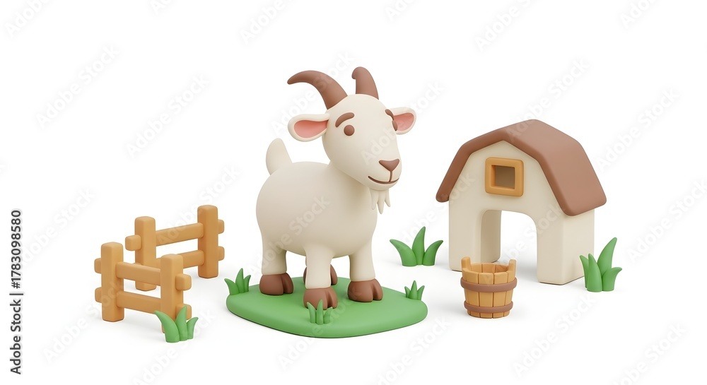 Naklejka premium Clay goat with fence, barn, and bucket on green base.