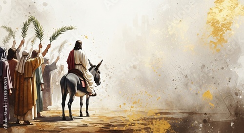 Jesus Triumphal Entry into Jerusalem Biblical Art Palm Sunday Christian Faith Hope Illustration