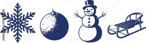Festive winter icons like snowflake, ornament, snowman, and sled evoke holiday cheer and seasonal fun.