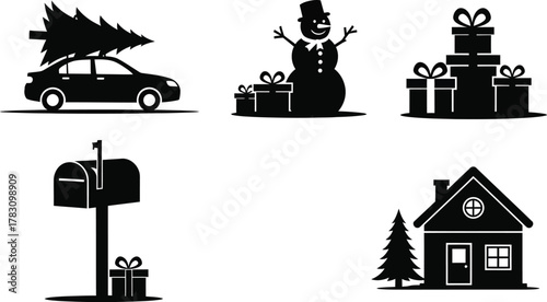 Festive holiday icons featuring a car with tree, snowman, gifts, mailbox, and house