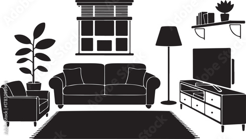 Contemporary Living Room Silhouette Sofa Lamp TV Stand Carpet Shelf Plant Icon Set