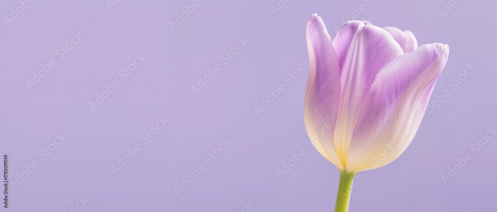 Fototapeta premium A single purple tulip with a soft gradient petal against a lavender background