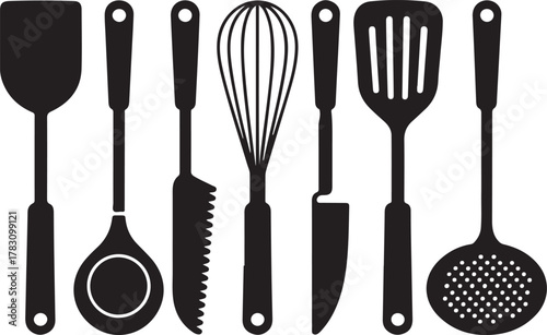 Cooking Utensils Silhouette Spatula Whisk Ladle Slotted Spoon Knife Tongs Peeler Skimmer Icon Set