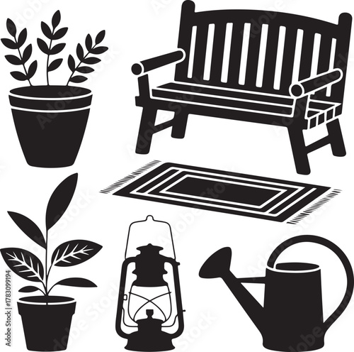 Cozy Backyard Silhouette Pot Lantern Rug Bench Watering Can Garden Icon Set