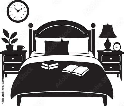 Cozy Bed Setup Silhouette Pillow Duvet Nightstand Lamp Cup Clock Book Icon Set