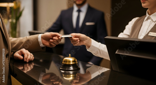 Guest Receiving Key Card at a Luxury Hotel Reception Desk