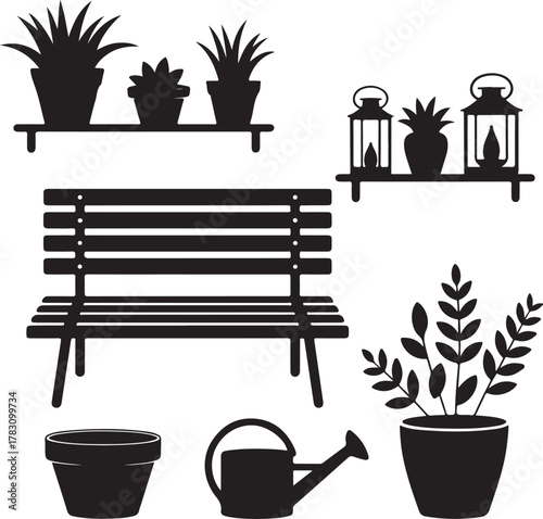 Cozy Garden Scene Silhouette Bench Pot Watering Can Lantern Shelf Icon Set