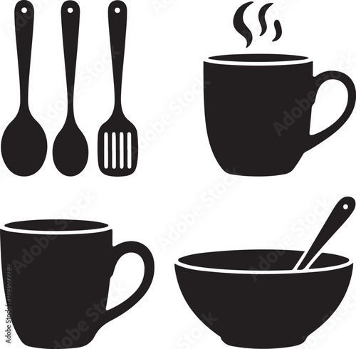 Cozy Kitchen Mood Silhouette Mug Cup Spoon Bowl Minimal Icon Set