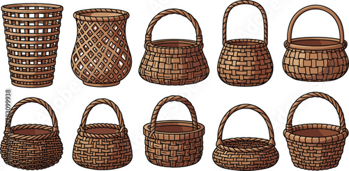 Cartoon woven baskets, traditional craft, handmade container icons, basket shapes, weaving patterns, handle designs, flat vector illustration, rustic style, isolated set