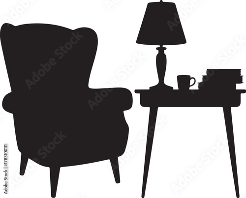 Cozy Writing Corner Silhouette Chair Table Lamp Mug Books Home Icon Set