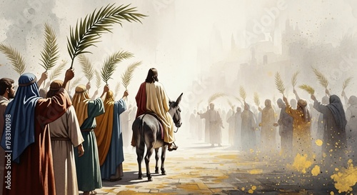Triumphal Entry of Jesus into Jerusalem Biblical Scene Palm Sunday Holy Week Christianity Art