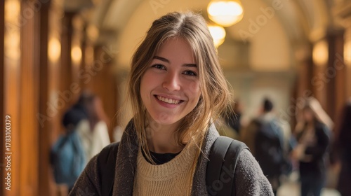 Student smiling at camera in university