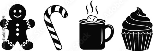 Festive holiday treats gingerbread man candy cane hot cocoa and cupcake icons for seasonal celebrations