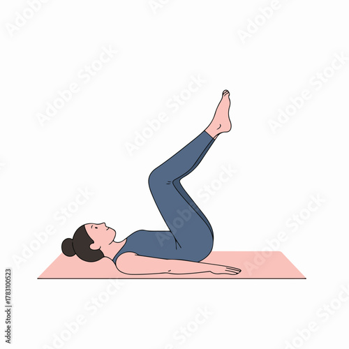 Pilates or yoga illustration of a woman performing a supine leg lift or core strengthening exercise on a mat.